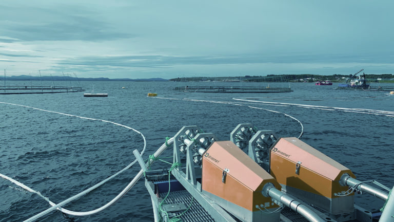 Fôringsystem med sjø i bakgrunn. Foto