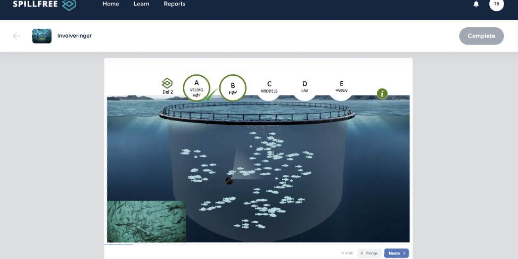 Spillfree-Feedhub Oppdrettsmerd med fisk sett under vann. Illustrasjon