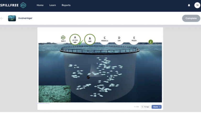 Oppdrettsmerd med fisk sett under vann. Illustrasjon