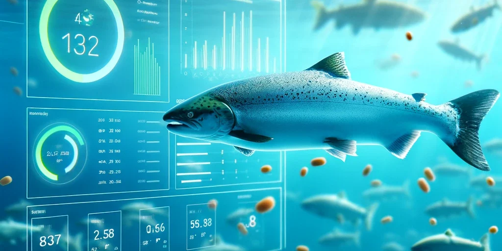 DALL·E 2024-02-10 13.31.27 – Visualize a single salmon swimming in clear blue water, gracefully moving towards floating pellets to eat. In the background, partially blurred to emp