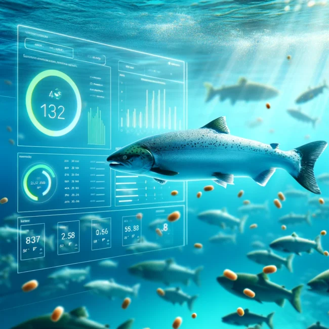 DALL·E 2024-02-10 13.31.27 – Visualize a single salmon swimming in clear blue water, gracefully moving towards floating pellets to eat. In the background, partially blurred to emp