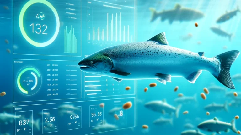 DALL·E 2024-02-10 13.31.27 – Visualize a single salmon swimming in clear blue water, gracefully moving towards floating pellets to eat. In the background, partially blurred to emp